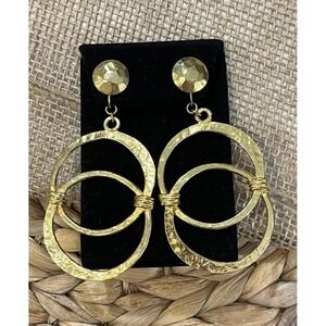 Vtg 90s Goldtone Double Hoop Dangle Clip Earrings STATEMENT Egyptian Revival